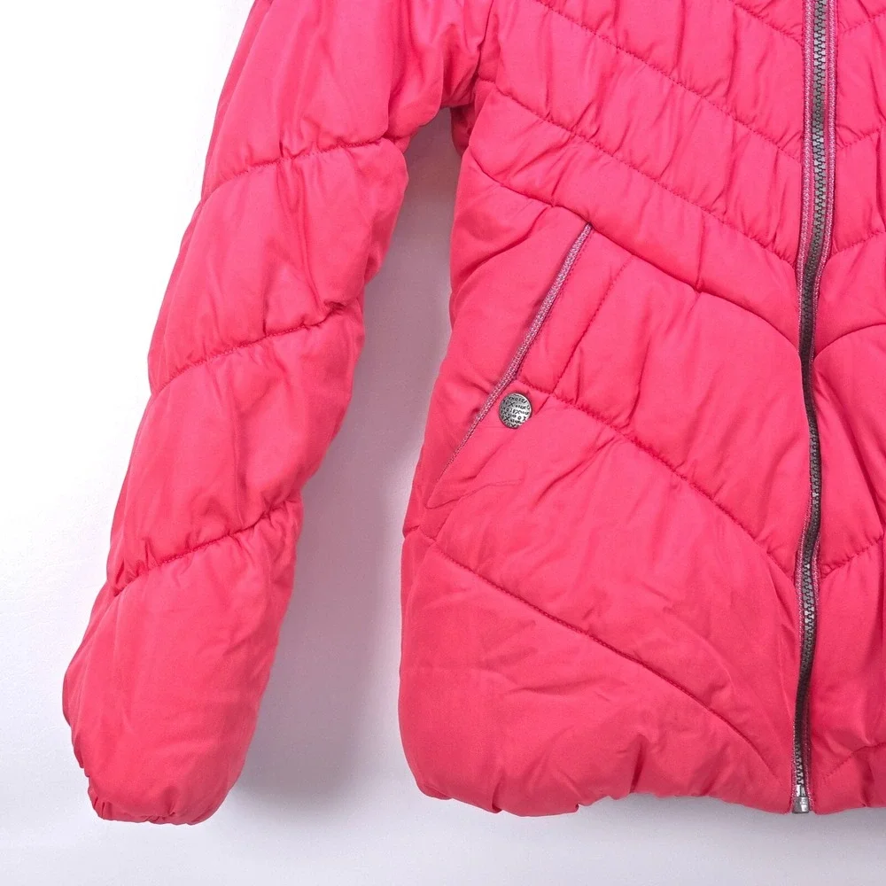 London Fog‎ Lined Puffer Jacket Girl's Large Fur Trim Hood Insulated Preppy Fun